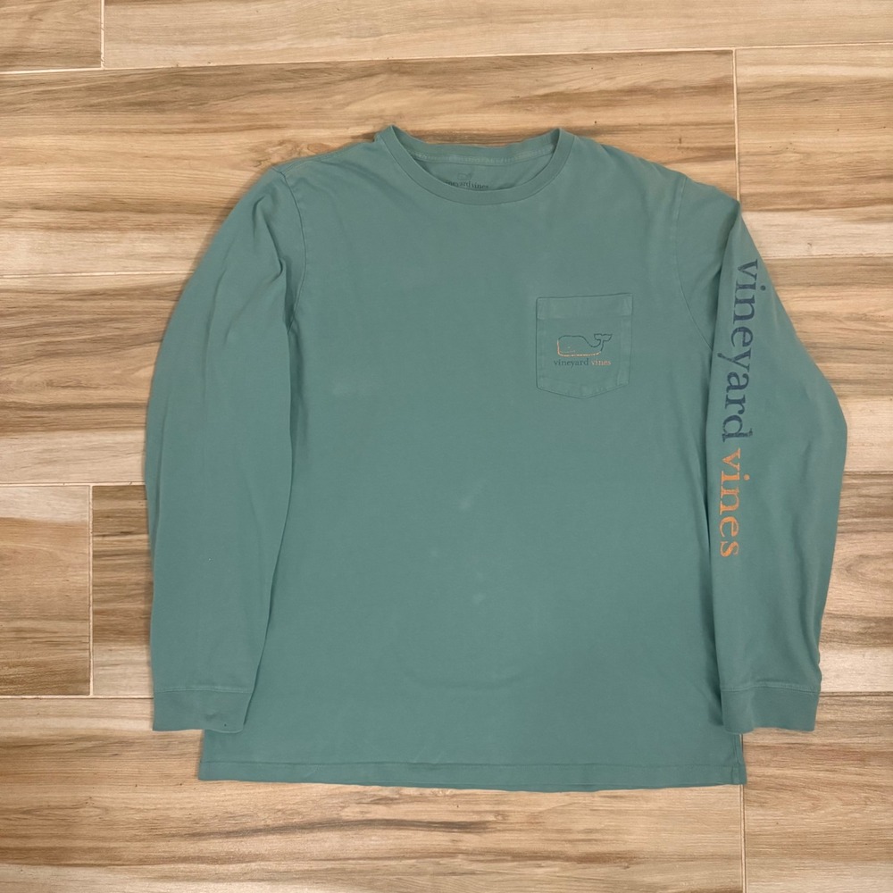 Vineyard Vines Mens Miami Whale Long Sleeve Pocket T-Shirt Teal Green Large